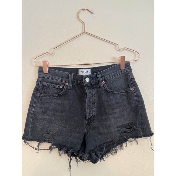 Agolde Parker Shorts Size 25 Black Cut Off Button Fly Raw‎ Hem Distressed $148 - Picture 6 of 11